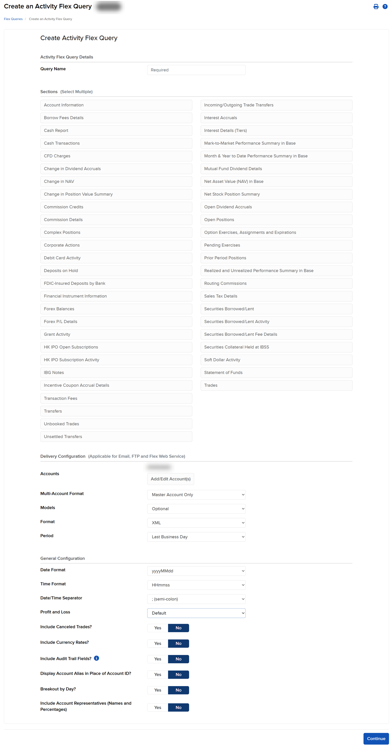 The create an activity flex query panel in portal. 